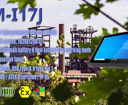 EM-I17J - Advanced Windows tablet with IP65 rating, MIL-STD-810G, and ATEX certifications for industrial applications.